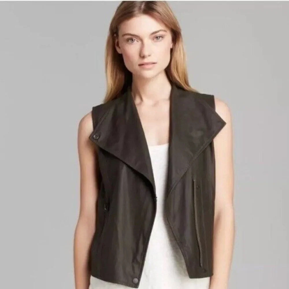 VINCE 100% Leather Olive Green Moto Military Vest Size XS